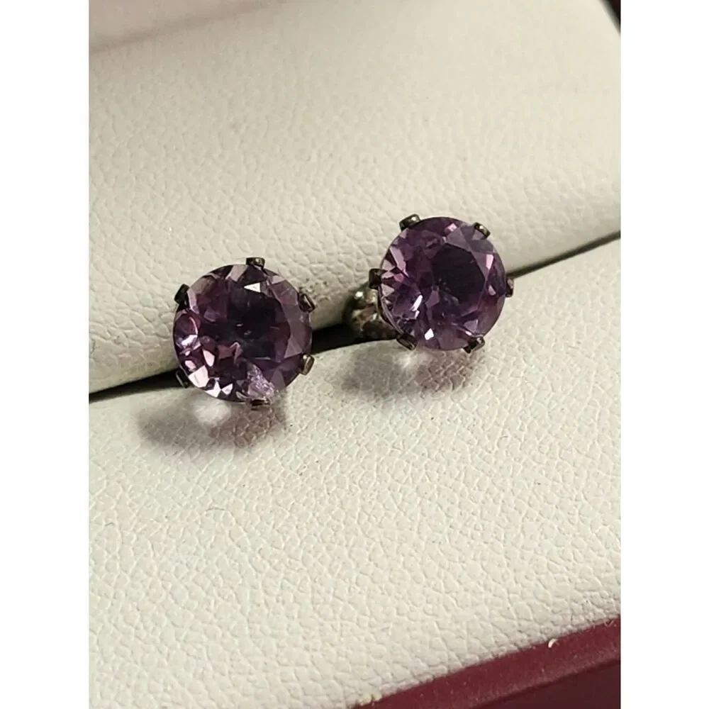 Amethyst Purple Round Sterling Silver Stud Earrings 925